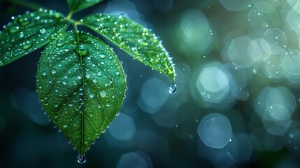 Aufkleber - Blue water droplet falling from green plant leaf. Low poly style design. Blue geometric background. Wireframe light connection structure. Modern 3D graphic concept. Isolated  illustration.