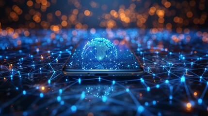 Fototapete - Abstract blue mobile phone with white screen and hologram of planet earth on a geometric background, isolated  illustration. Wireframe structure of light connections in modern 3D graphic