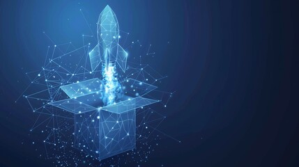 Leinwandbilder - Think outside the box with this abstract open-box and rocket launch. Geometric background. Wireframe light connections. Modern 3d graphic concept. Isolated  illustration.
