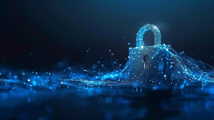 Fototapete - An illustration or background of a security, safe, privacy, or other concept using a polygonal wireframe mesh that resembles a constellation on a dark blue night sky.