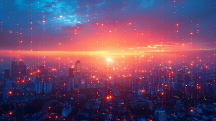 Poster - Concept of a modern city and communication network. IoT (Internet of Things). Smart city. Digital transformation. Large image for banner advertisements.