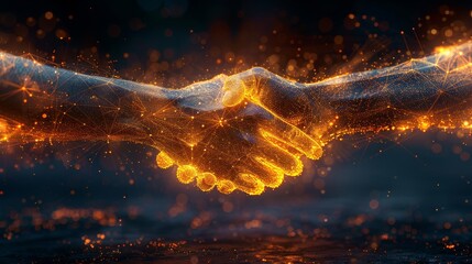 Aufkleber - Handshake. Abstract illustration of two hands shaking hands in the shape of flaming steel. Illustration isolated on dark background. Low poly wireframe. Particles are connected in a geometric