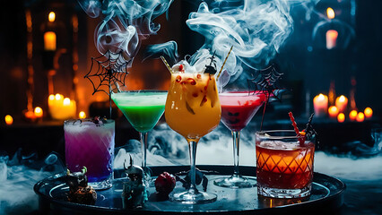 Wall Mural - Colorful cocktails in halloween style with smoke on a dark festive background party in a dark and sinister style alcoholic and non alcoholic cocktails