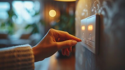 A close-up shows a female finger turning off a lighting switch at home, emphasizing power, energy, and electrical saving, with ample copy space.