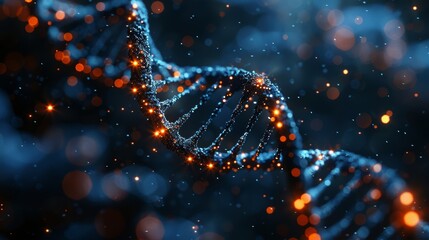 Poster - The DNA molecule is represented by a polygonal mesh. Flying debris spheres are illustrated using thin lines in the form of blue structures.
