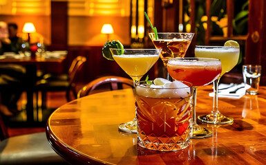 Alcoholic cocktails on the table in a restaurant close up