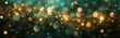 Golden New Year's Eve Party Background with Fireworks and Bokeh Lights on Dark Green Texture - Illustration Panorama