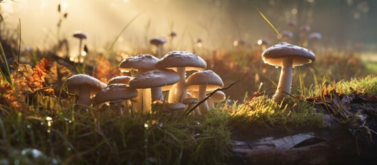 Canvas Print - A natural landscape adorned with terrestrial plants including a bunch of mushrooms growing in the grass, creating an artistic and unique landscape event in the soil for terrestrial animals to enjoy