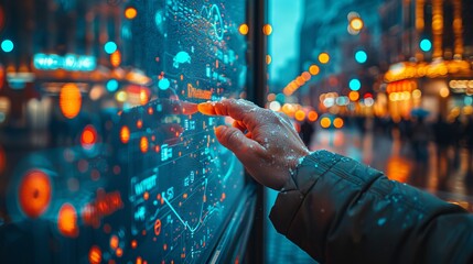 A man's hand is shown pushing a digital screen against an office background.