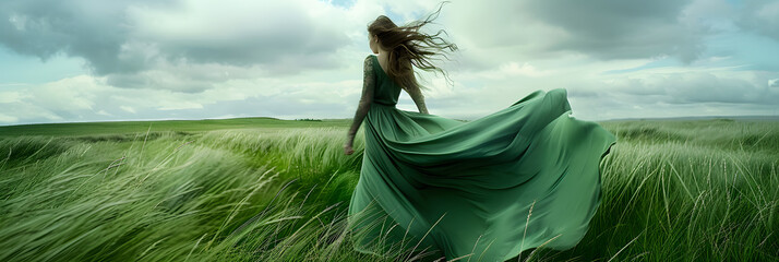 Wall Mural - Woman walking in green windy field with tall grass wearing long dress