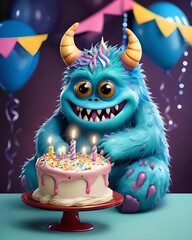 Wall Mural - Cute happy blue monster with a white and pink birthday cake,  for many purposes, birthday, advertising, marketing, ilustrations, 3d design, photography.