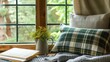 Notebooks, pillows and blankets on the windowsill.AI generated image
