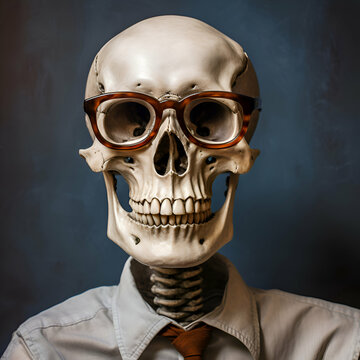 Human skull in a white coat and glasses on a dark background.