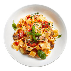 Wall Mural - A plate of spaghetti with mushrooms and basil on top