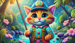 Oil painting style Cute cat wearing like fisherman, holding the pole of fishing