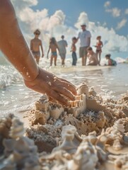 Sticker - A person playing in the sand at the beach with other people. Generative AI.