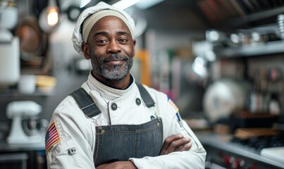 Wall Mural - A man in a kitchen with a chef hat and apron. Generative AI.