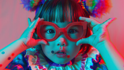 Wall Mural - A child with red glasses and a clown costume. Generative AI.