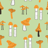 Fototapeta  - Funny mushrooms with eyes seamless pattern. Vector print with characters