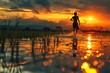 Person Sprinting towards the Sunset in a Paddy Field Generative AI