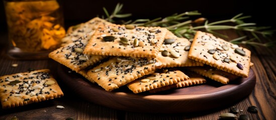 Canvas Print - A wooden plate adorned with crackers sits on a rustic wooden table, showcasing a comforting dish made with baked goods and possibly seafood or animal products