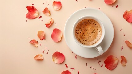 Blooming Coffee Delight on Beige Background: Top View Flat Lay with Petals