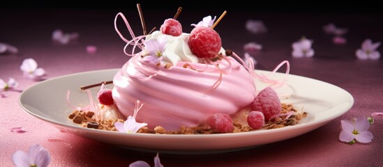 Poster - A white plate adorned with a pink dessert, featuring a cherry on top. The dessert is a sweet treat made with various ingredients and cake decorating supplies