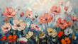 oil painting, heavy brushstrokes, flowers, pale sky background