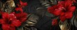large red leaves and flowers on a black and gold background wallpaper. AI generated illustration