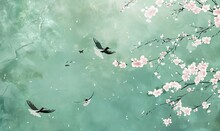 Mural Wallpaper With Pigeon, Bird And Sakura Flowers High Quality AI Generated Image