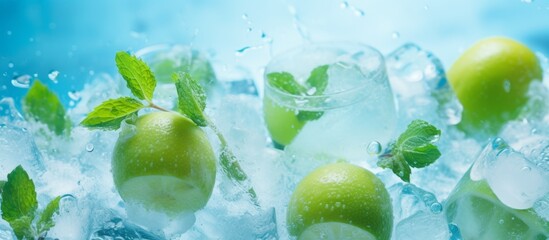 Canvas Print - Mint leaves and green apples are sinking into the liquid, creating ice cubes. This event combines the flavors of plant organisms with the cooling properties of water