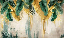 Watercolor Gold 3d Palm Banana Leaves Hanging Down Wallpaper. AI Generated Illustration