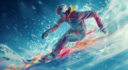 High-energy sports wallpaper concept design, ice punk sporty image with colorful vibrant special effects and water splashes, sports team background, men snowboarding in winter, skiing concept banner