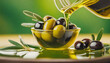Black and green olives in a glass bowl and olive oil poured over them