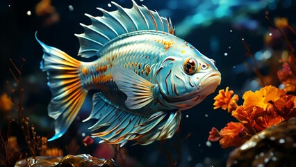 Wall Mural - A beautiful multi-colored fish swims in the sea ocean underwater