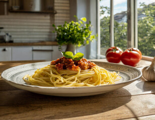 Pasta with sauce in a white plate on the kitchen counter