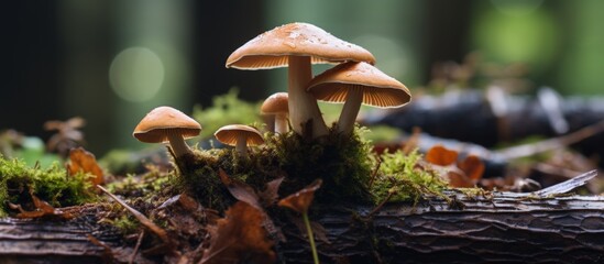 Poster - A group of mushrooms is flourishing on a log amidst the natural landscape of the woods, adding to the diverse groundcover and attracting wildlife like fawns