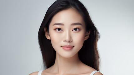 Wall Mural - Beautiful young Asian woman with clear skin on white background. Skin care.