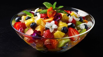 Wall Mural - Fresh fruit summer exotic salad with strawberries, blueberries, kiwi and pineapple in a glass bowl. Healthy nutritious breakfast, dessert or snack, vegan concept