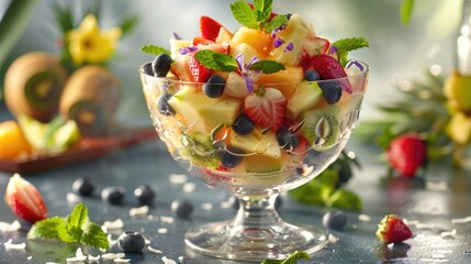Wall Mural - Fresh fruit summer exotic salad with strawberries, blueberries, kiwi and pineapple in a glass bowl. Healthy nutritious breakfast, dessert or snack, vegan concept