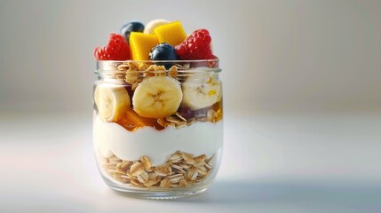 Wall Mural - Nutritious breakfast parfait served in a glass jar. Layered Greek yogurt with granola and fresh fruits such as berries, sliced bananas, mango with honey or maple syrup. Healthy breakfast