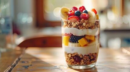 Wall Mural - Nutritious breakfast parfait served in a glass jar. Layered Greek yogurt with granola and fresh fruits such as berries, sliced bananas, mango with honey or maple syrup. Healthy breakfast