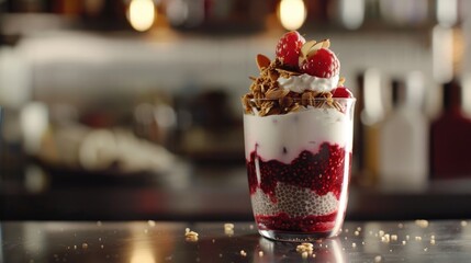 Wall Mural - Chia seed pudding parfait served in a glass jar. Layered creamy coconut milk chia pudding with berry compote, coconut yogurt and crushed almonds or granola. Healthy breakfast, dessert