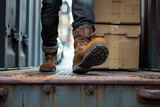 Fototapeta Sport - A close-up shot of a mover boots, stepping down from the container truck with a box in hand.