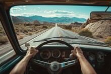 Driver's Perspective From Vintage Car On Open Desert Road, Concept Of Adventure And Road Trip Exploration