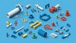 A collection of intricate construction pieces in vector 3D flat isometric illustration format, including pipes, fittings, gate valves, faucets, and ells