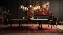 A Dark Room With A Large Wooden Dining Table, Chairs And Pendant Lights Hanging From The Ceiling