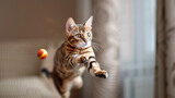 Fototapeta  - A playful Bengal cat captured mid-air during a jump with its eyes fixed on a toy.