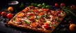 A Californiastyle pizza topped with tomatoes, pepperoni, and pizza cheese is displayed on a table. This fast food dish is a delicious combination of baked goods and ingredients