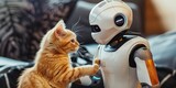 Fototapeta Londyn - AI robot playing with pet cat